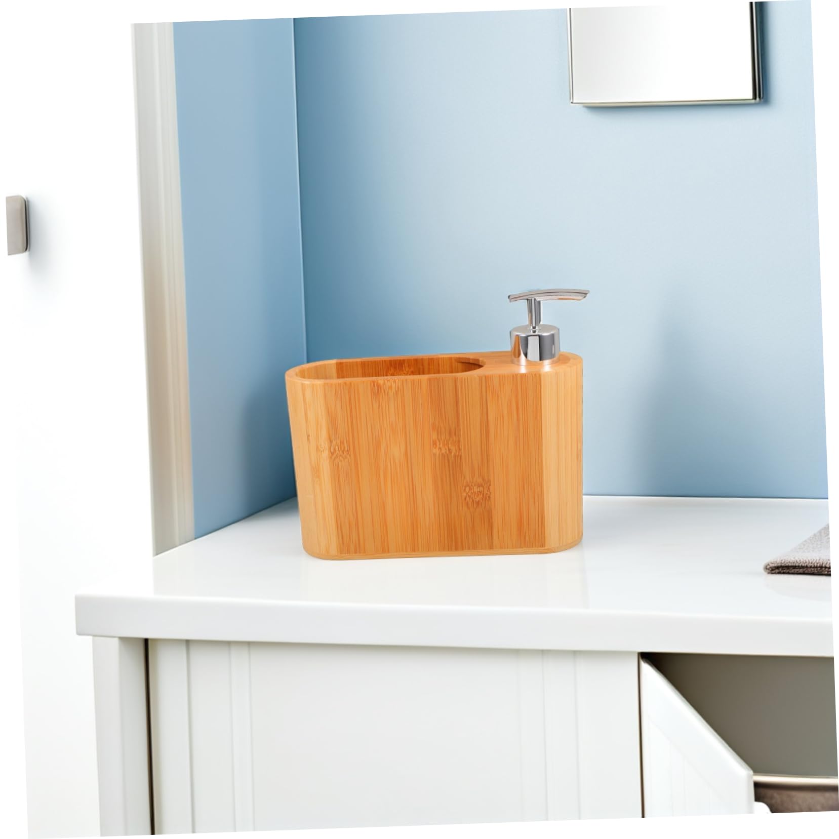 Dosificador de Jabón de Madera Ovalado para Baño y Cocina Dispensador Recargable de Champú y Acondicionador Soporte para Cepillo de Dientes y Peine y Elegante para Almacenamiento