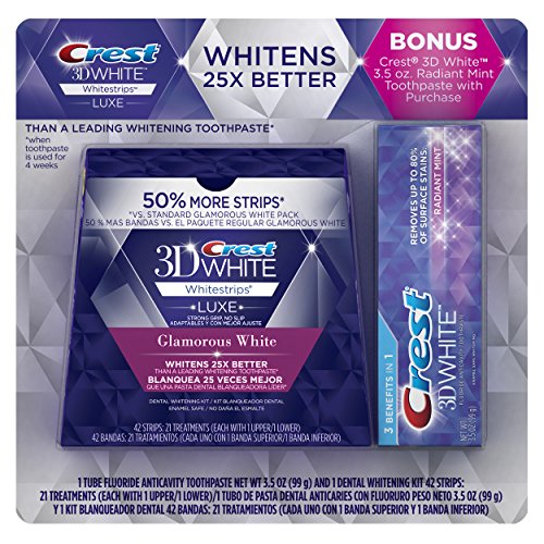 Crest 3D White Luxe Whitestrips Dental Teeth Whitening Strips Kit, Glamorous White, 21 Treatments + BONUS Crest 3D White Radiant Mint Toothpaste