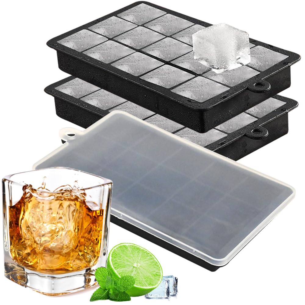 Armo® Pack of 3 Silicone Ice Cube Tray 15 Square Ice Cube Tray with Lid Freezer Ice Cube Maker Large Ice Trays for Whiskey Cocktails BPA Free