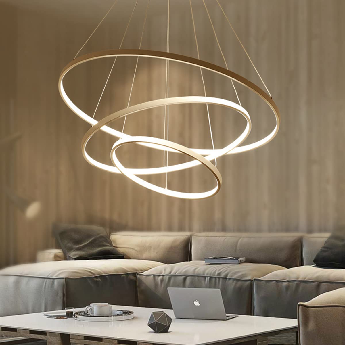 Okrągły żyrandol LED z trzema pierścieniami, nowoczesny design, lampa wisząca do stołu jadalnego lub salonu, możliwość ściemniania za pomocą pilota, oświetlenie dekoracyjne (kolor: Brązowy, Gwiazda S
