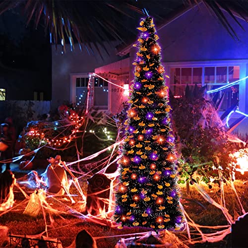 5 Ft Purple Lighted Artificial Halloween Christmas Tree With Timer-Diy 50 Led Ornament Battery Powered Pop Up Tinsel Halloween Christmas Tree With Pumpkin Sequin For Indoor Outdoor Home Party #TOP6