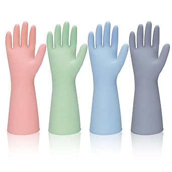 Rubber Kitchen Dishwashing Gloves - 4 Pairs Reusable Household Cleaning Gloves, Flexible and Durable & Non-slip Cleaning Gloves, Great for Kitchen, Bathroom, Laundry Pink+Green+Blue+Grey