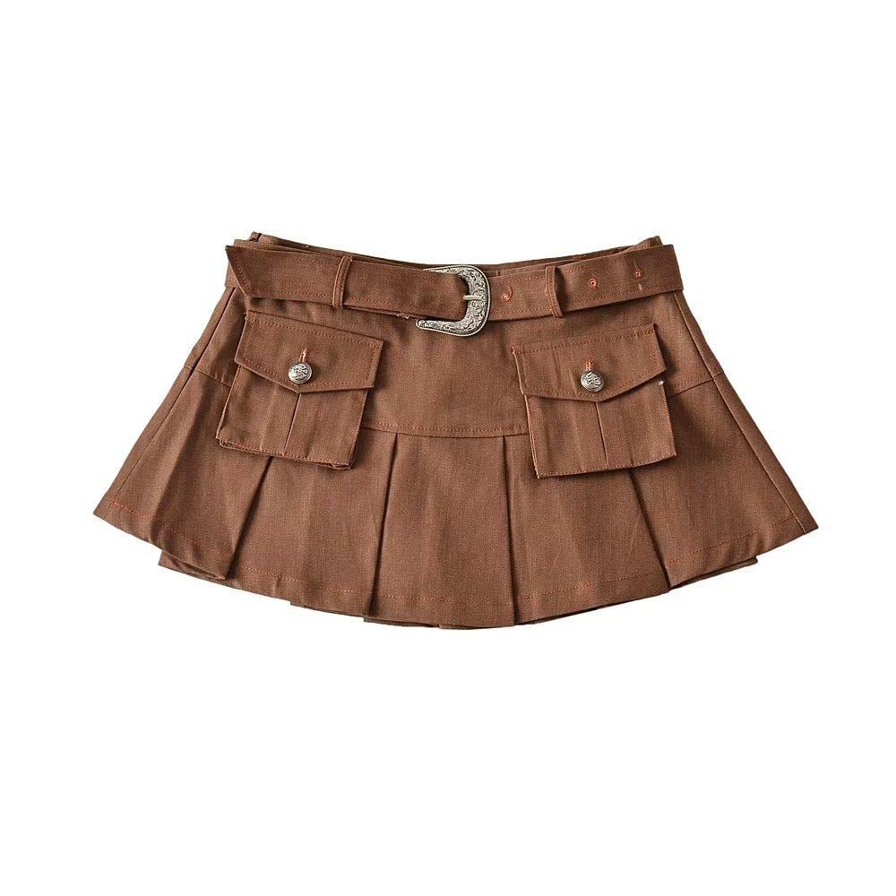 Röcke,Damen-Minirock Brauner, Plissierter Cargo-Rock Mit Taschen-Reißverschluss A-Linie Mit Rüschen Besetzter Lagenrock Mit Hose Einfarbig Kurzer Rock Für Mädchen Damen,S