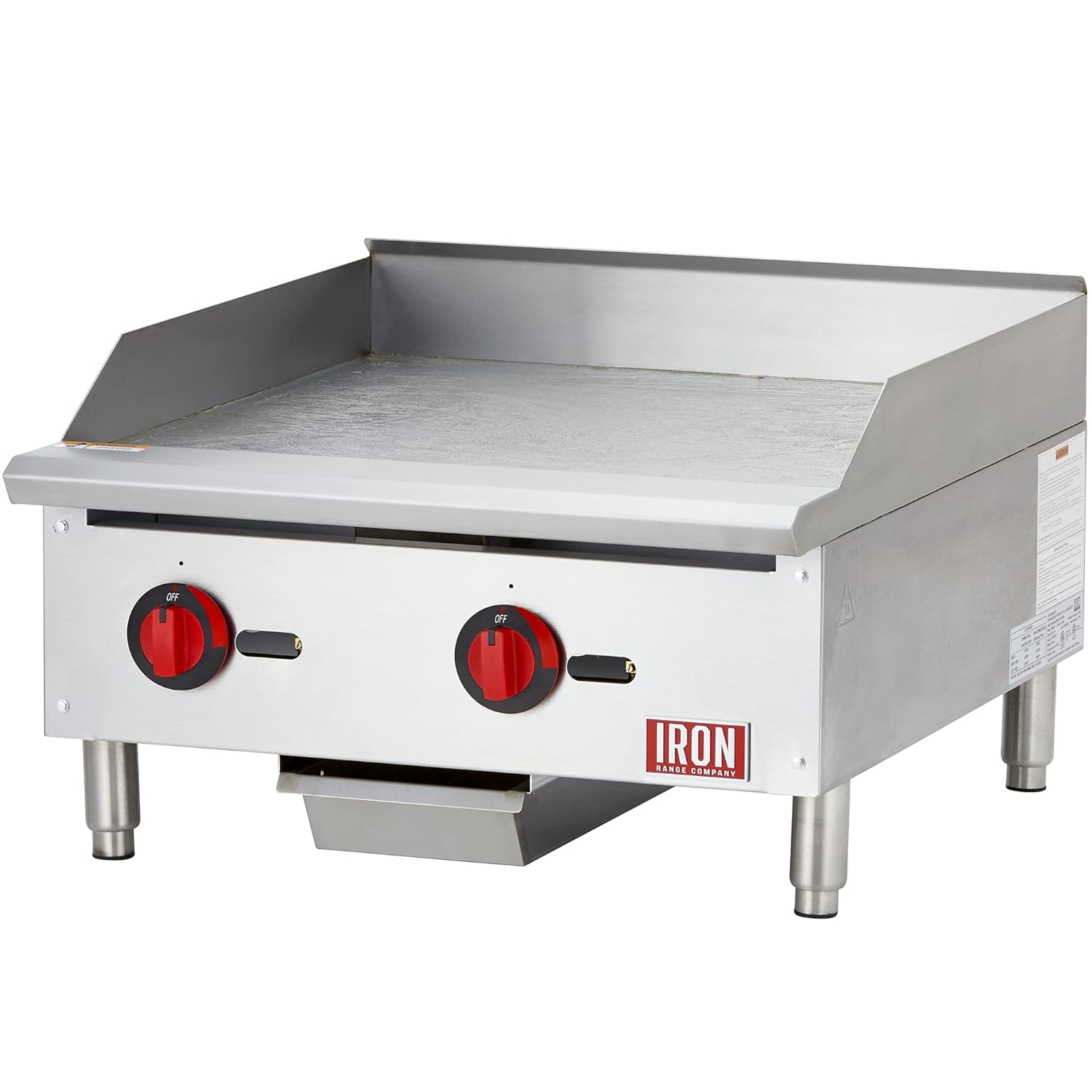 Iron Range IRMG-24 24" Commercial Gas Griddle, 60,000 BTU, Two Burners, Stainless Steel, Manual Controls, ETL Listed, Removable Grease Pan, Adjustable Legs, LPG Conversion Kit Included.
