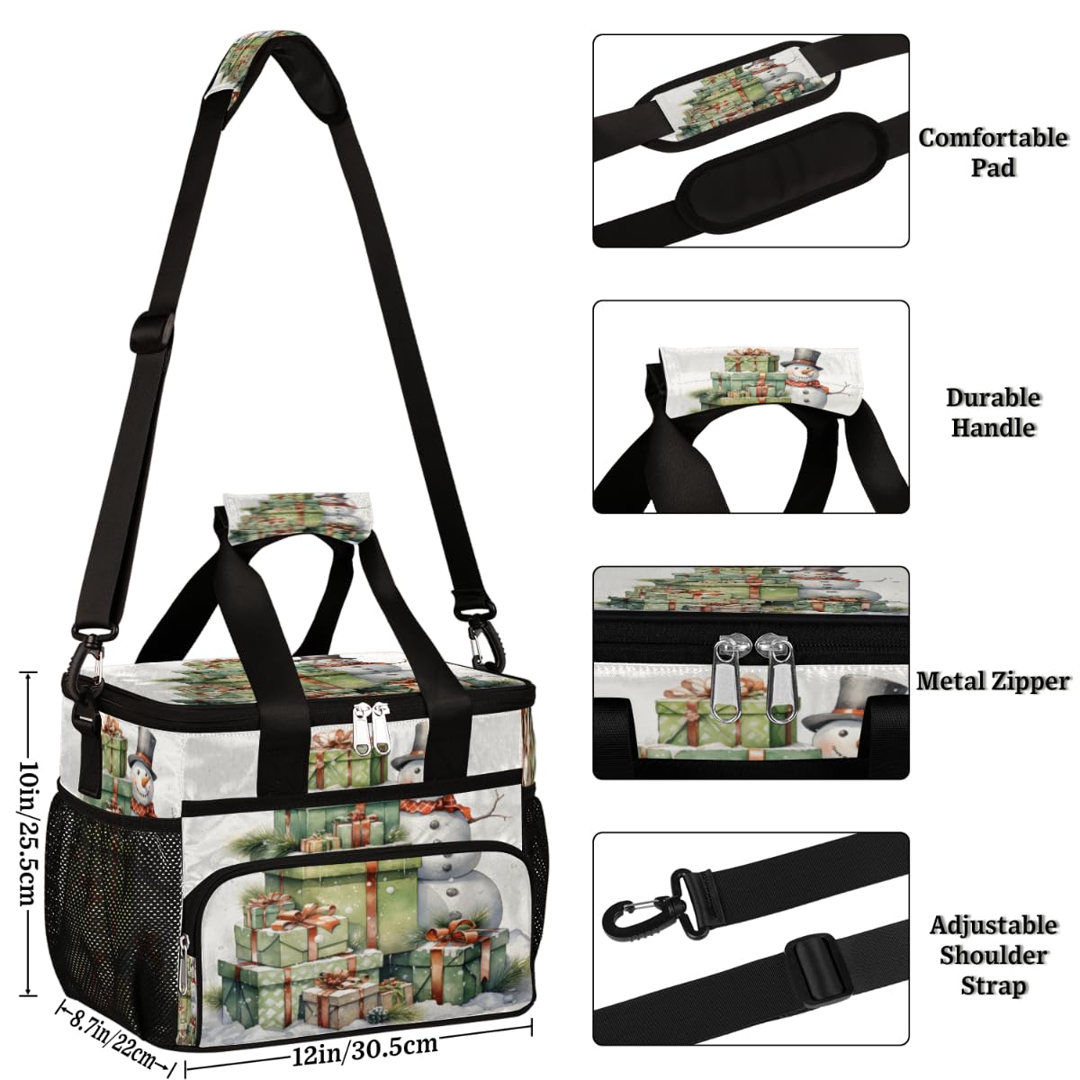 Insulated Picnic Backpack Lunch Box for Women Men Picnic Basket Tote Lunch Bag Picnic Bag Portable Lunch Bags for Picnic, Beach, Work, Trip,Office, Camp Snowman with Xmas Gifts