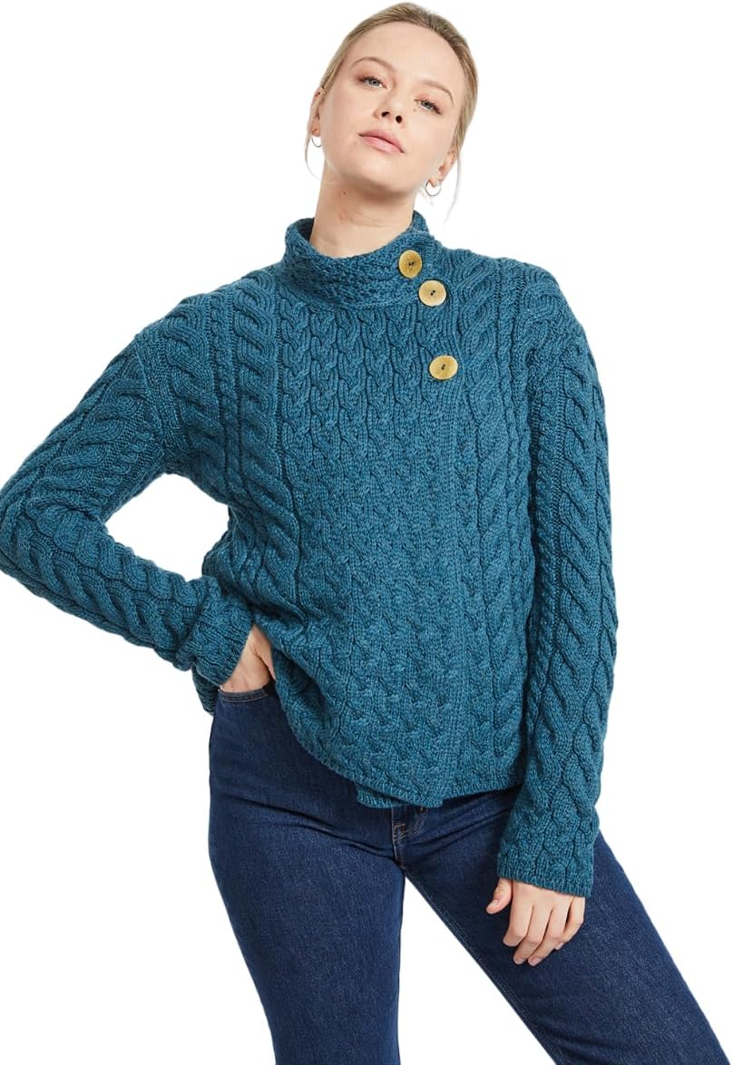 Aran Woollen Mills Louisburgh Women's Asymmetrical Irish Cardigan, 100% Super Soft Merino Wool, Authentic Irish Knitwear