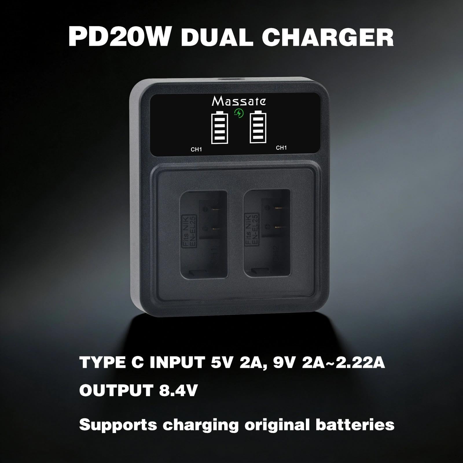 Confezione da 2 batterie EN-EL25 da 1600 mAh ad alta capacità + caricatore rapido LED PD20W, ricarica completa in 2,5 ore, batteria EN-EL25 per Nikon Z30, Z50, Z50II, ZFC e caricabatterie MH