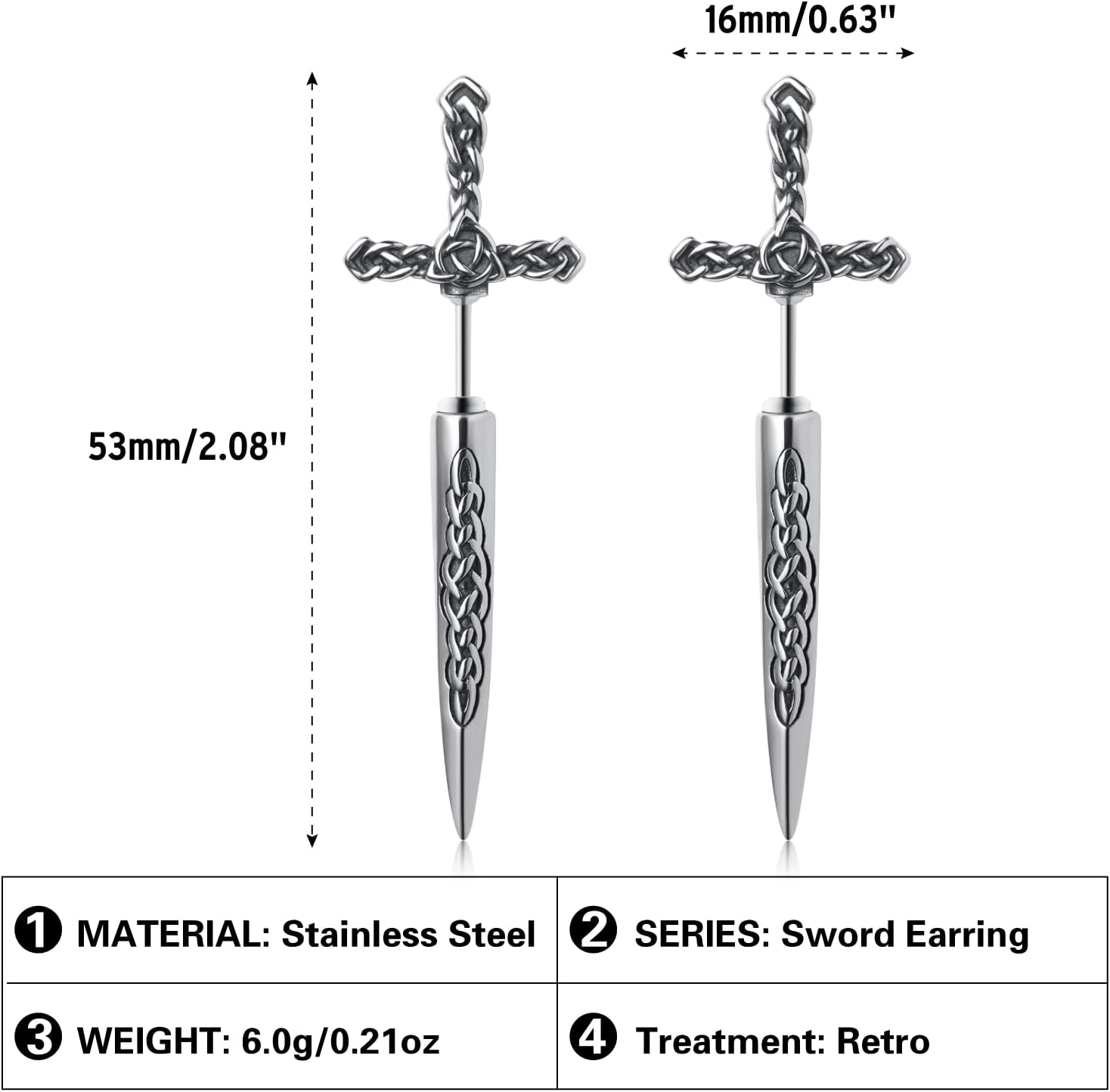 Stainless Steel Sword Stud Dangle Earrings for Men Women Gothic Punk Sword Earrings Jewelry