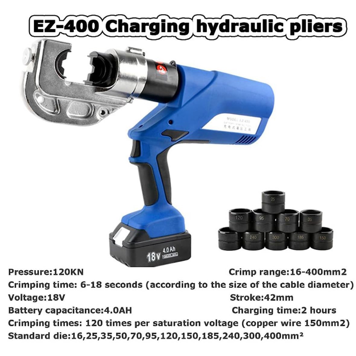 Pinza crimpatrice idraulica elettrica, 10-400 mm², alimentata a batteria, con 13 matrici, include 2 batterie da 4,0 Ah e caricabatterie per una potente crimpatura dei cavi