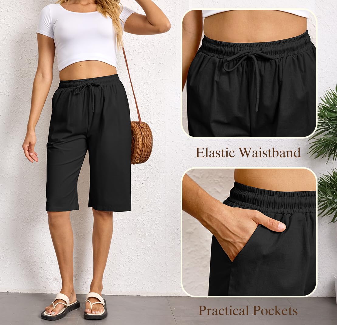 Pantaloncini Donna Estivi Bermuda Donna Estivi Cotone al Ginocchio Pantaloni Corti Leggeri con Tasche e Cordone Shorts Eleganti per Vacanze