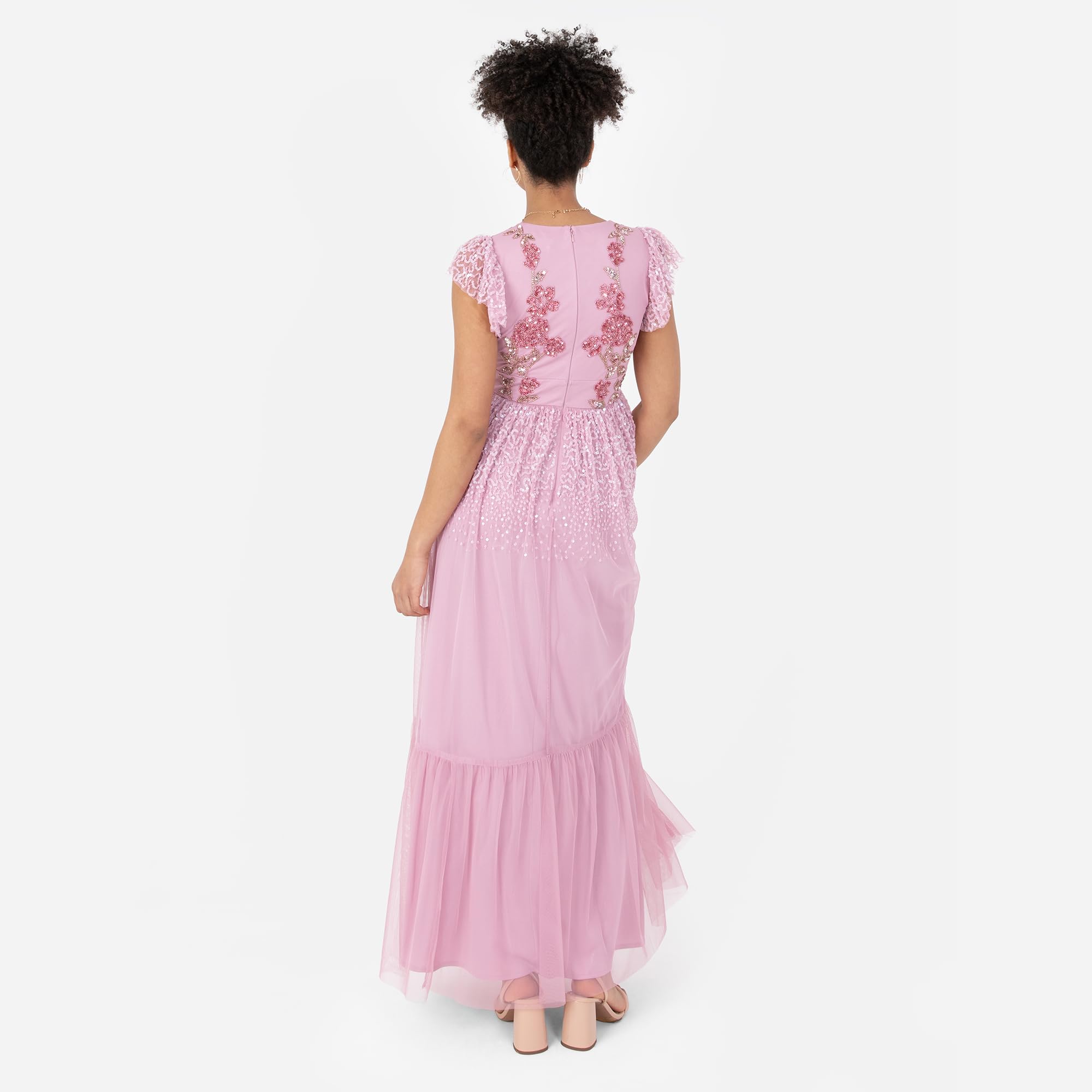 Maya Deluxe Women's Ladies Maxi Dress V-Neck Short Flutter Sleeves Floral Sequin Embellished Tulle A-Line Wedding Guest Bridesmaid Vestito Donna