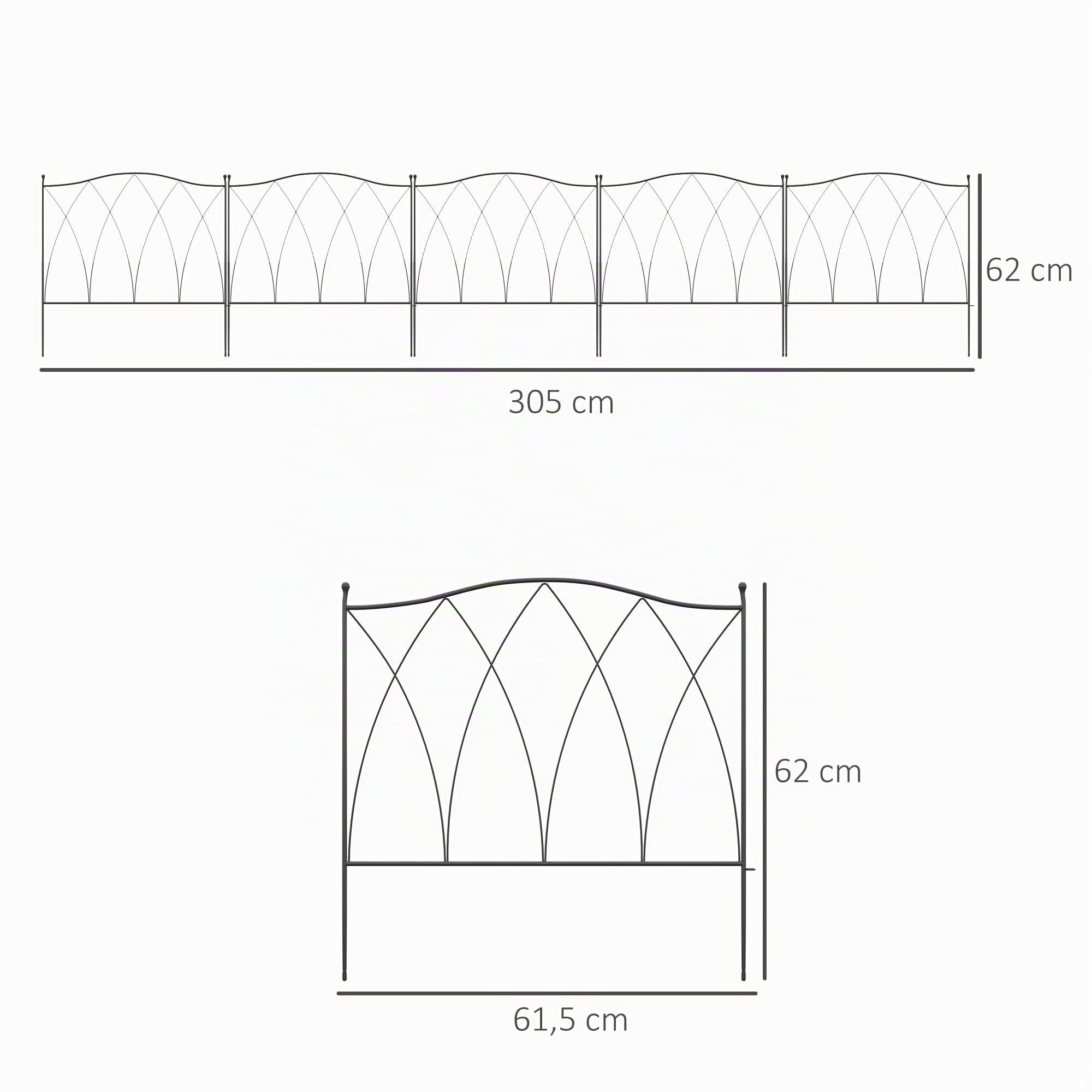 Outsunny Lot de 5 clôtures de jardin décoratives en métal 305 x 62 cm noir