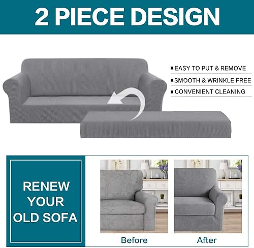 Vista 368 de Turquoize - Funda elástica para sofá de 2 piezas y 3 cojines, funda protectora lavable con elástico en la parte inferior, tela jacquard gruesa