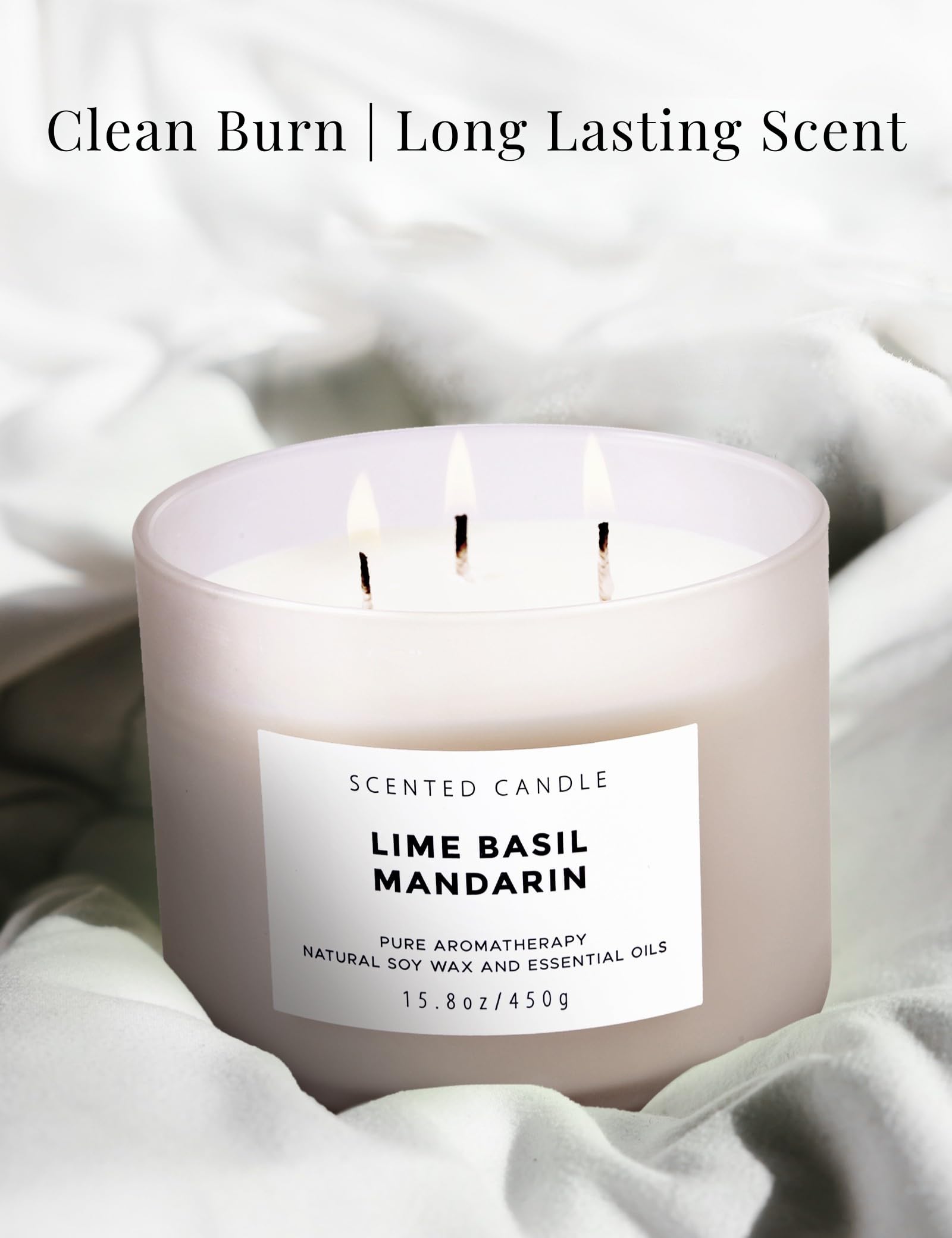 Candela di soia con 3 stoppini al lime, basilico e mandarino, candela profumata per la casa, fragranza pulita e a lunga durata, fragranza di erbe fresche e agrumi, pronta per il regalo