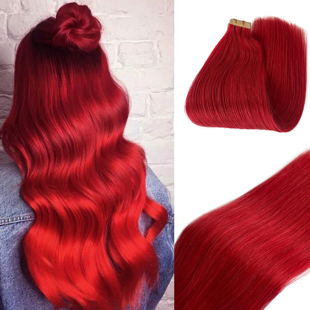 Red Tape in Human Hair Extensions for White Women 20 Pieces Seamless Skin Weft Tape in Extensions 16Inch 30g/pack Straight Hot Red Real Human Hair
