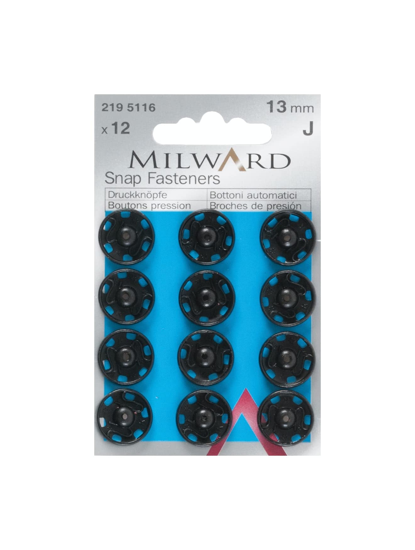 Milward 13 mm 12-Piece Sew-On Brass Snap Fasteners, Black