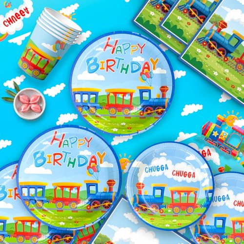 Zug Geburtstag Party Supplies Geschirr Set,16 Gäste Partygeschirr KinderGeburtstag, Zug Geburtstag Teller Servietten Partybecher Tischdecke Zug Banner Etctrain Kindergeburtstag Deko