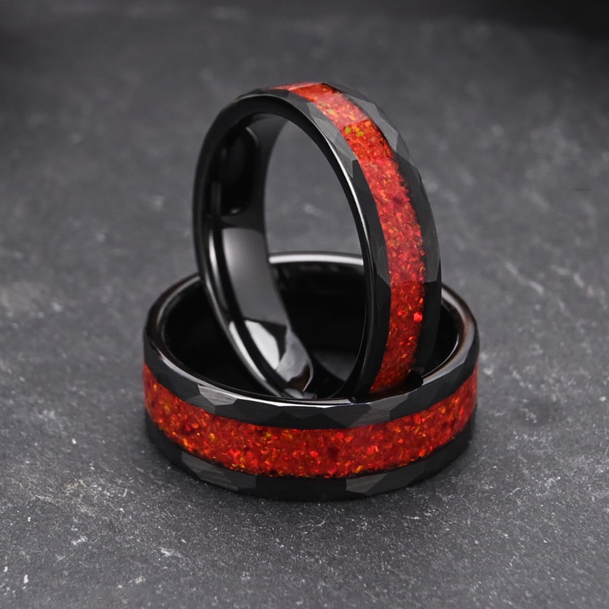 Tungsten Carbide Rings for Men and Women 8mm/6mm Hammered Inlaid with Red Opal Men's Engagement Wedding Bands High Polish - Image 4