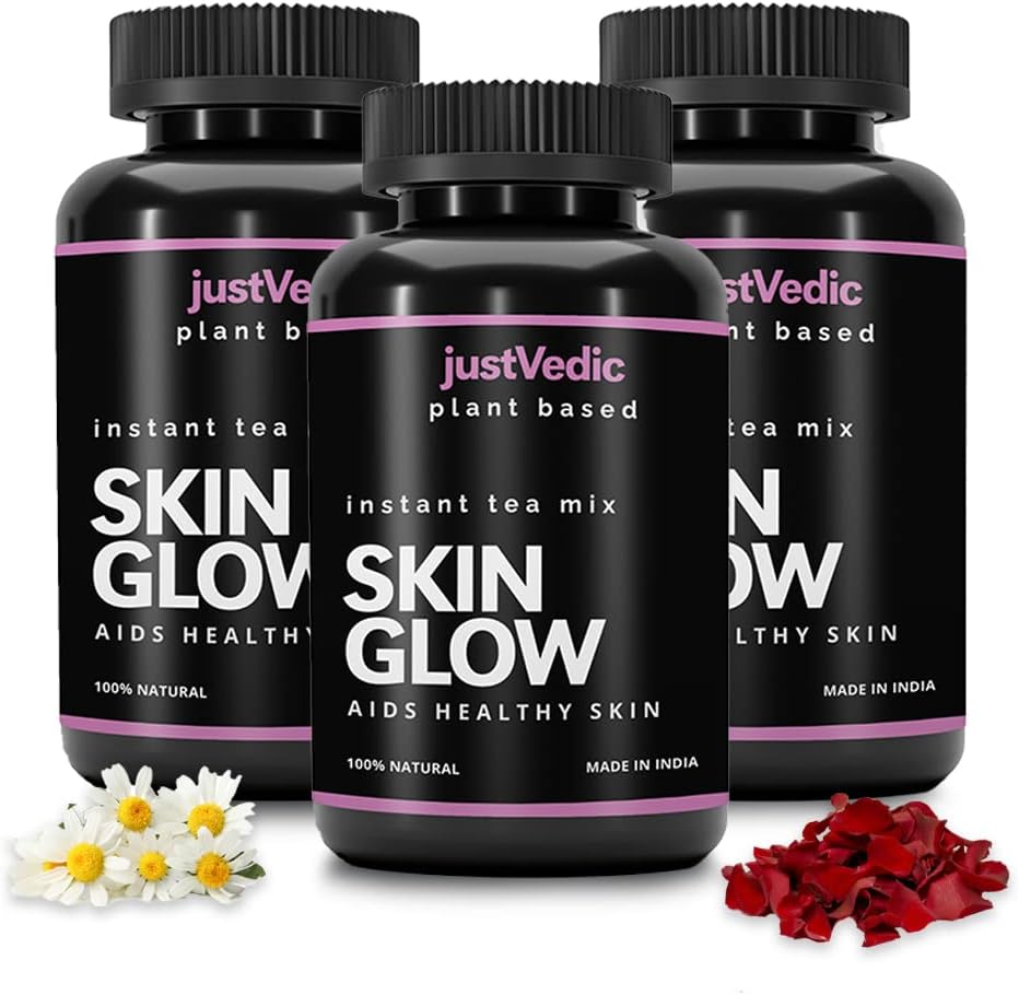 Justvedic Skin Glow Drink Mix - ( 3 Months Pack, 600 Grams ) - Helps in Skin Nourishment, Hydration & Detoxification - Skin Glow Drink for Women and Men - Skin Glow Drink Powder