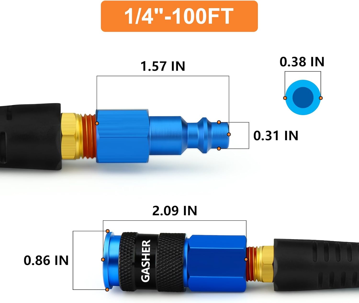 GASHER 1/4" x 100FT Reinforced Polyurethane Air Hose, 1/4" AMT Universal Air Coupler, Composed of Brass And Blue PU hose, Easy to Install, For Air Compressor
