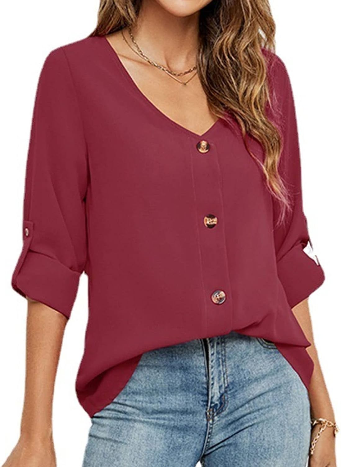 DGHM-JLMY Ladies Loose Solid V-Neck Shirt Single-Breasted Blouses Sweatshirts Tees Roll Up Sleeve Casual Button Down Shirts