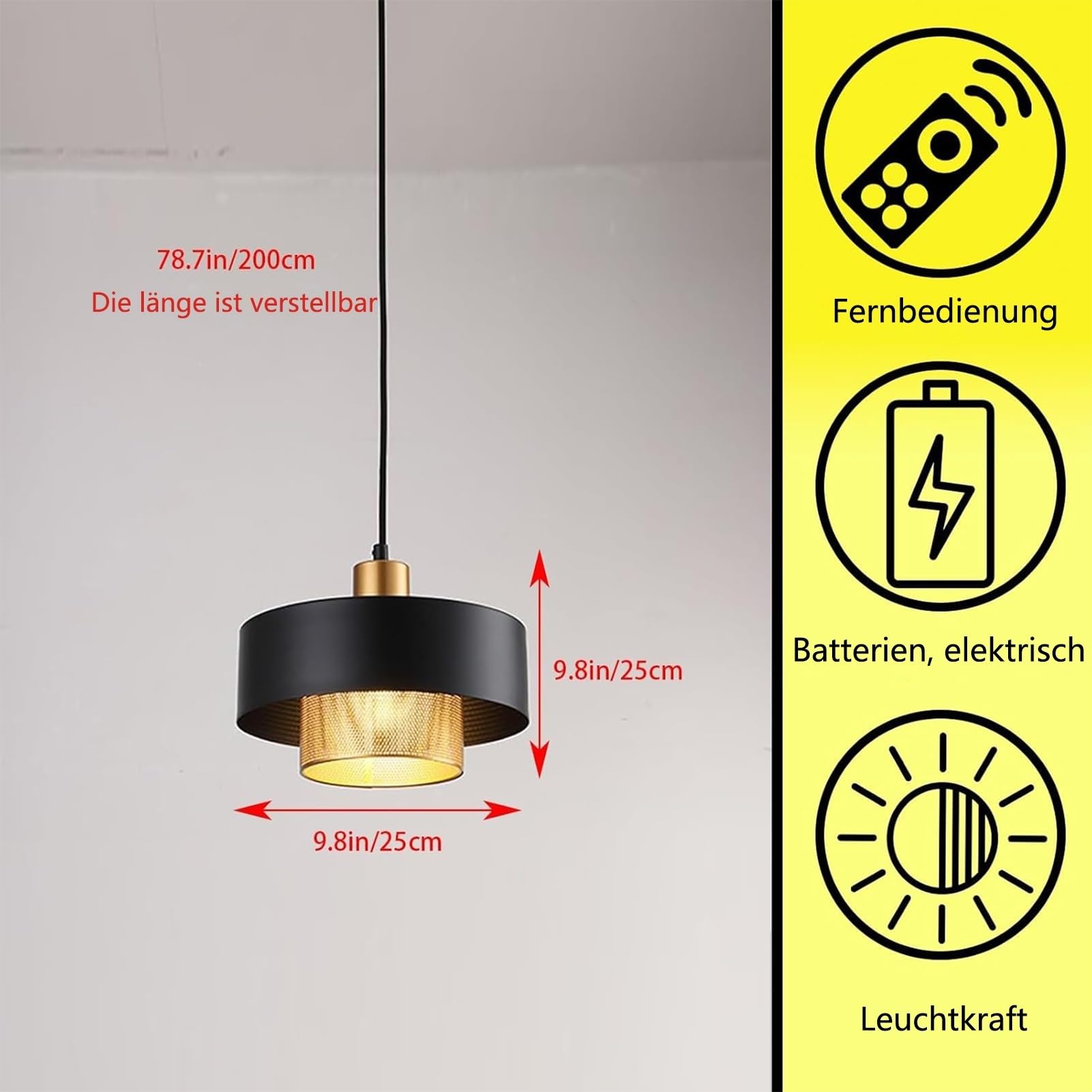 Industrie Eisen Akku Hängelampe Mit Batterie,Ohne Stromanschluss Hängelampen Mit Batteriebetrieben,Fernbedienung Pendelleuchte Für Kücheninsel, Wiederaufladbar Pendellampe Kein Verdrahtungsdesign(Blac