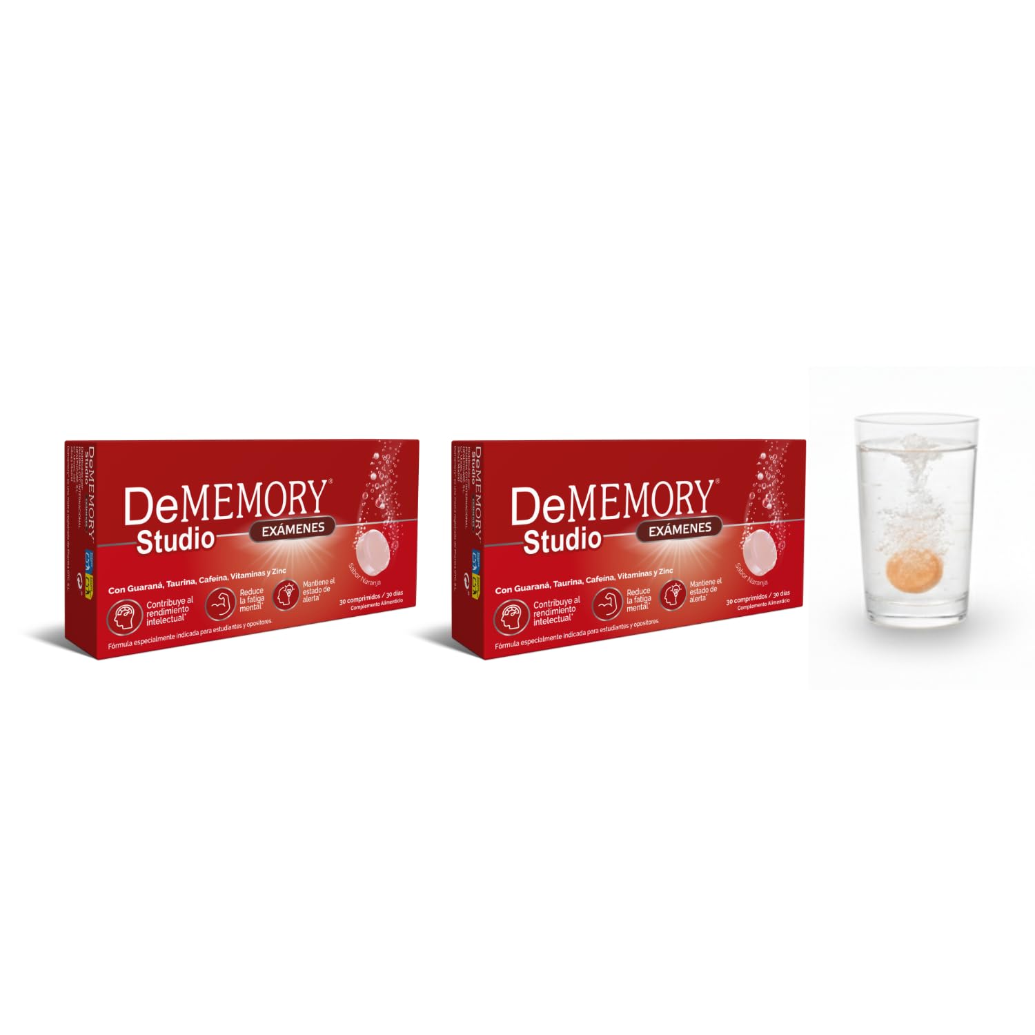 DeMemory Studio Exámenes 30 Comprimidos Efervescentes – Pack de 2 Unidades - Energía, Concentración y Agilidad Mental- con Guaraná, Cafeína, Taurina, Vitaminas y Zinc