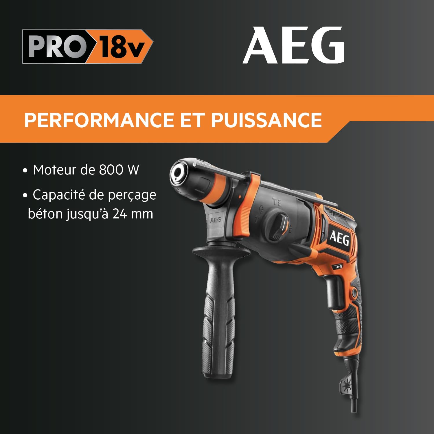 AEG - Perfo-Burineur Sds-Plus 24 mm 800 Watts, 2,7 Joules, Perçage dans le Béton 24 mm/Bois 30 mm/Métal 13 mm, Livré avec 3 Forets et 2 Burins - KH24IXE Kit1