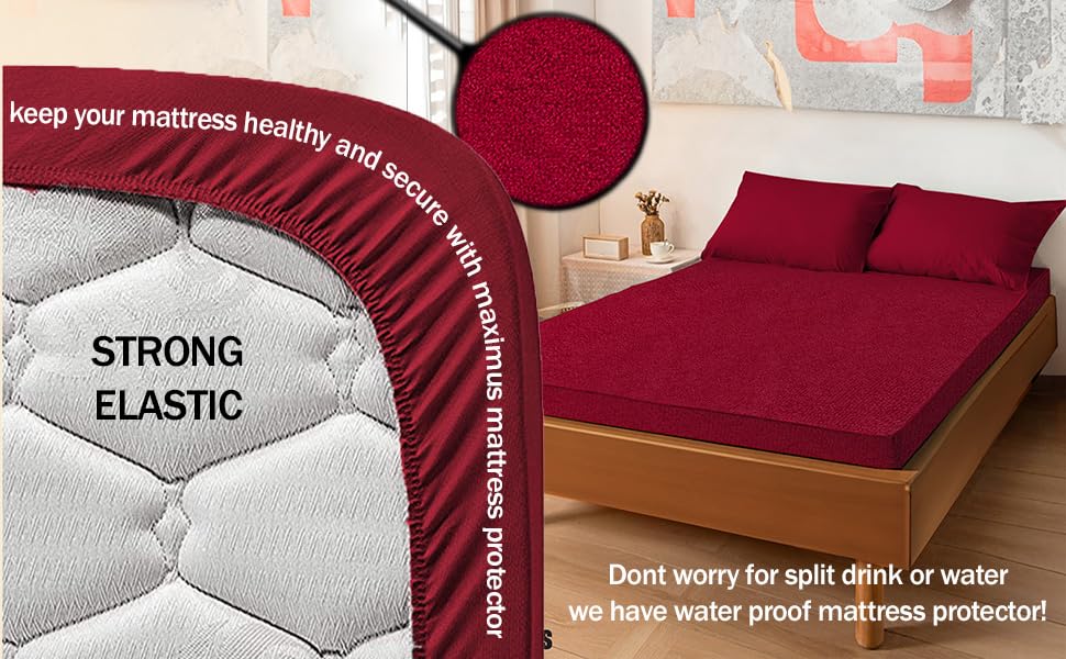 Image of Maximus Premium Double Bed Waterproof Mattress Protector Cover | Breathable Terry Cotton Bed Protector, Double Bed (72 X 60, Maroon)