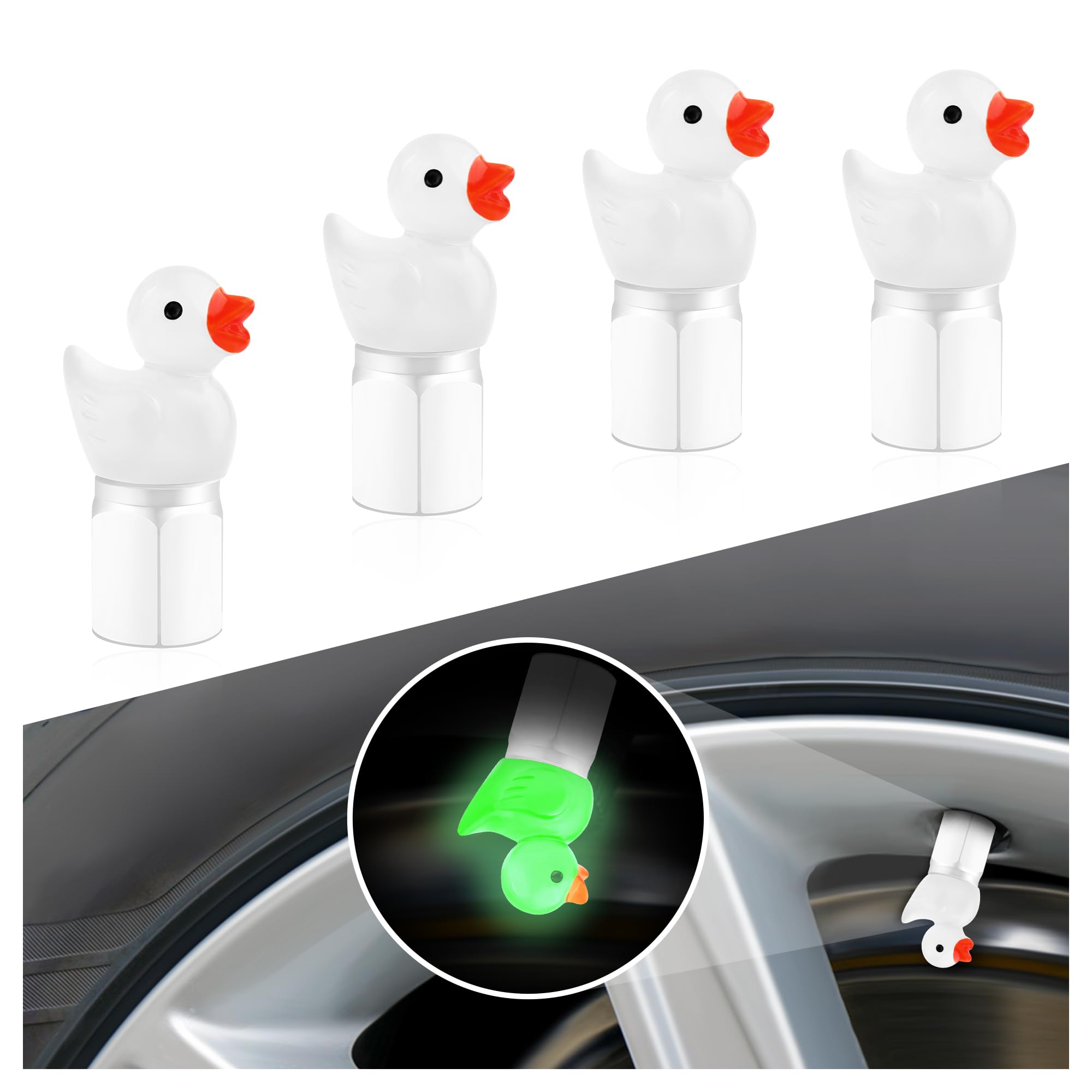 4PCS Auto Tire Valve Stem Caps,Glow in The Dark Cute Duck Valve Caps for Car Tires,Universal Car Tire Air Caps Replacement Car Decorations for Most Trucks Motorcycles Bicycles (White)