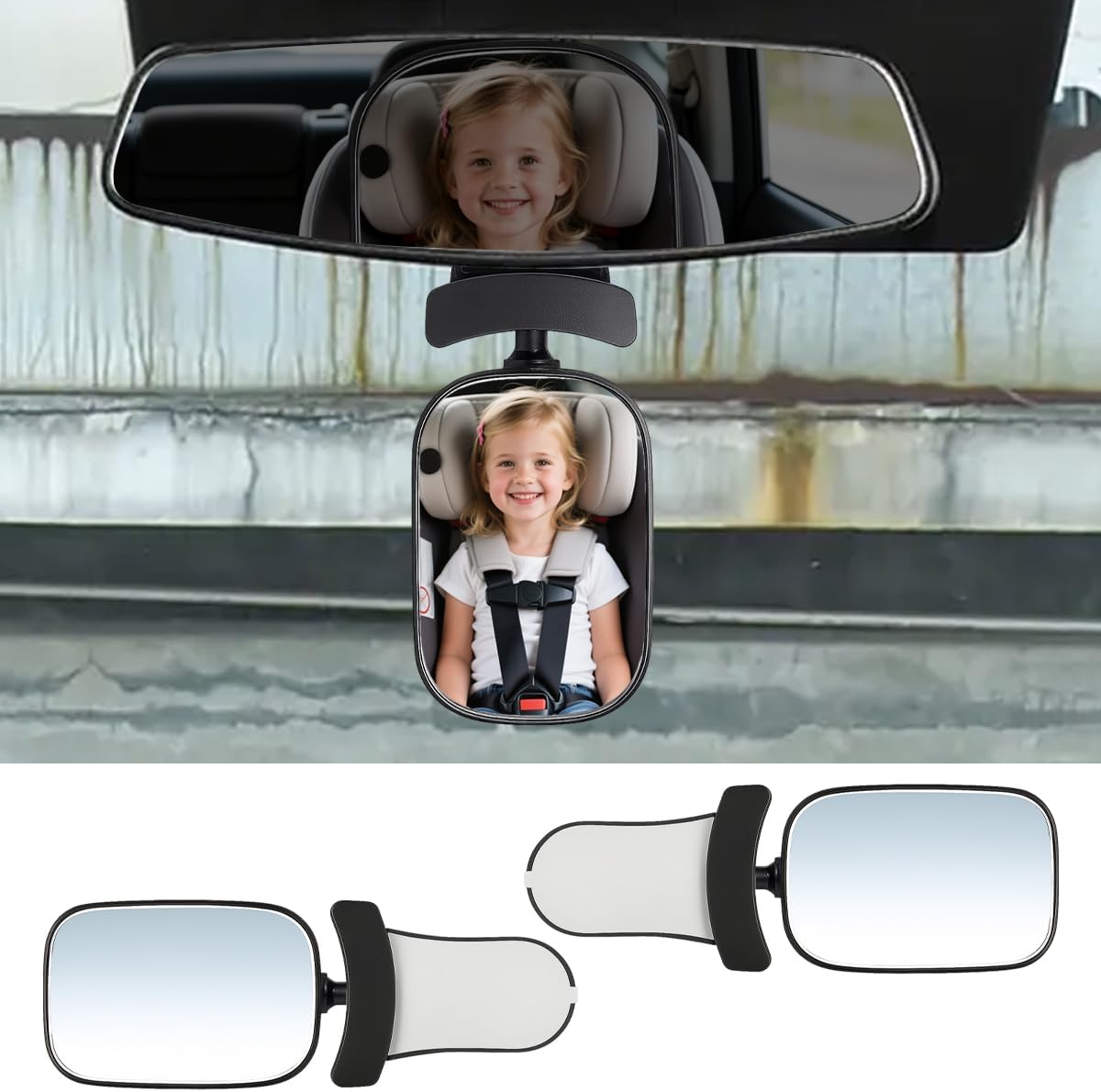 Baby Car Mirror, 360° Adjustable Rear Facing Mirrors, Shatterproof Glass Safety Car Seat Mirror, Stick-on Wide Angle Convex Vehicle Auxiliary Mirror, Universal for Sedan SUV Truck (2PCS)