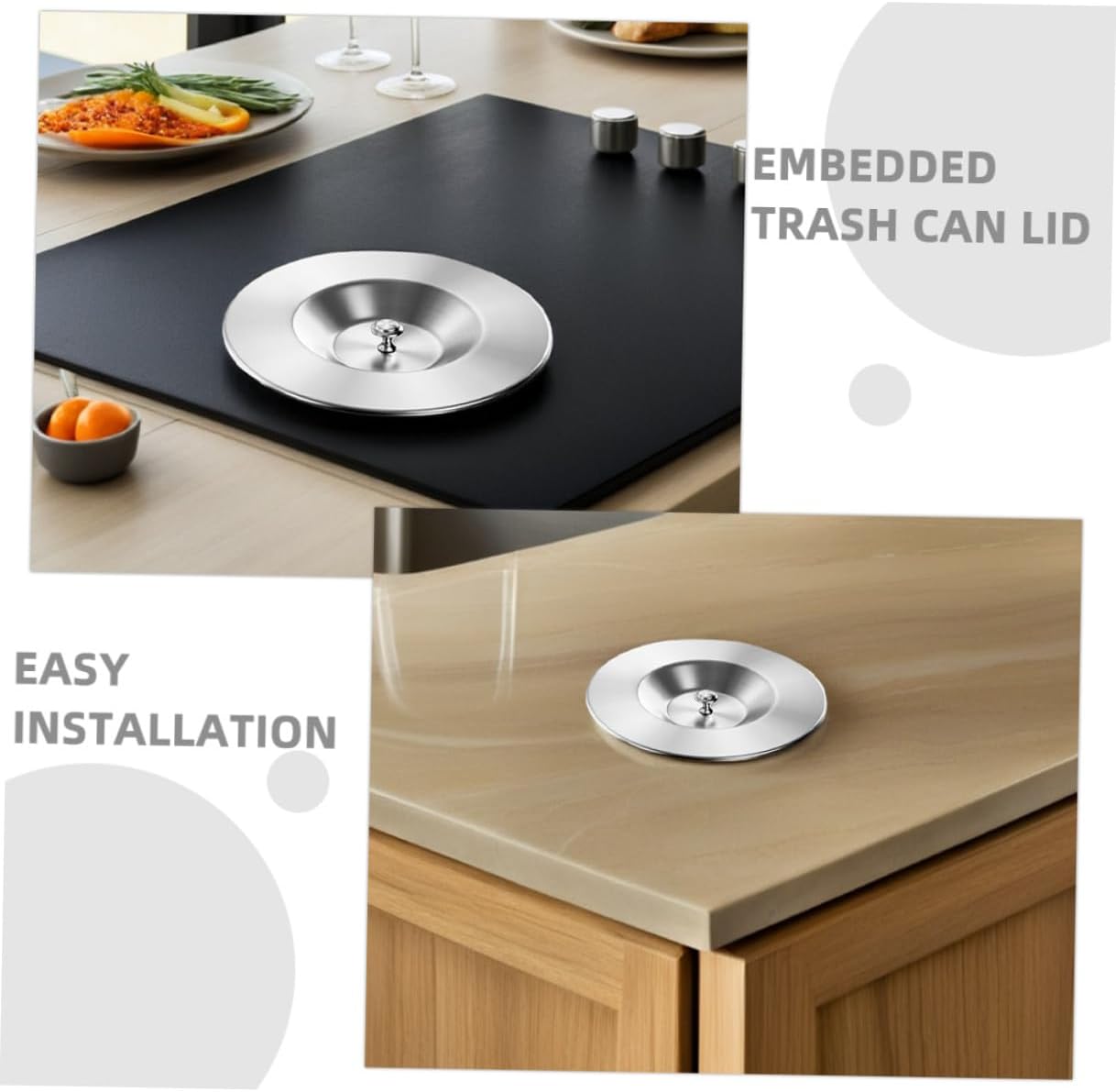Uonlytech Stainless Steel Trash Can Lid with Handle, 304 Waste Container Cover, Countertop Garbage Bin Dome Lid for Kitchen Sink and Cabinet Insert,