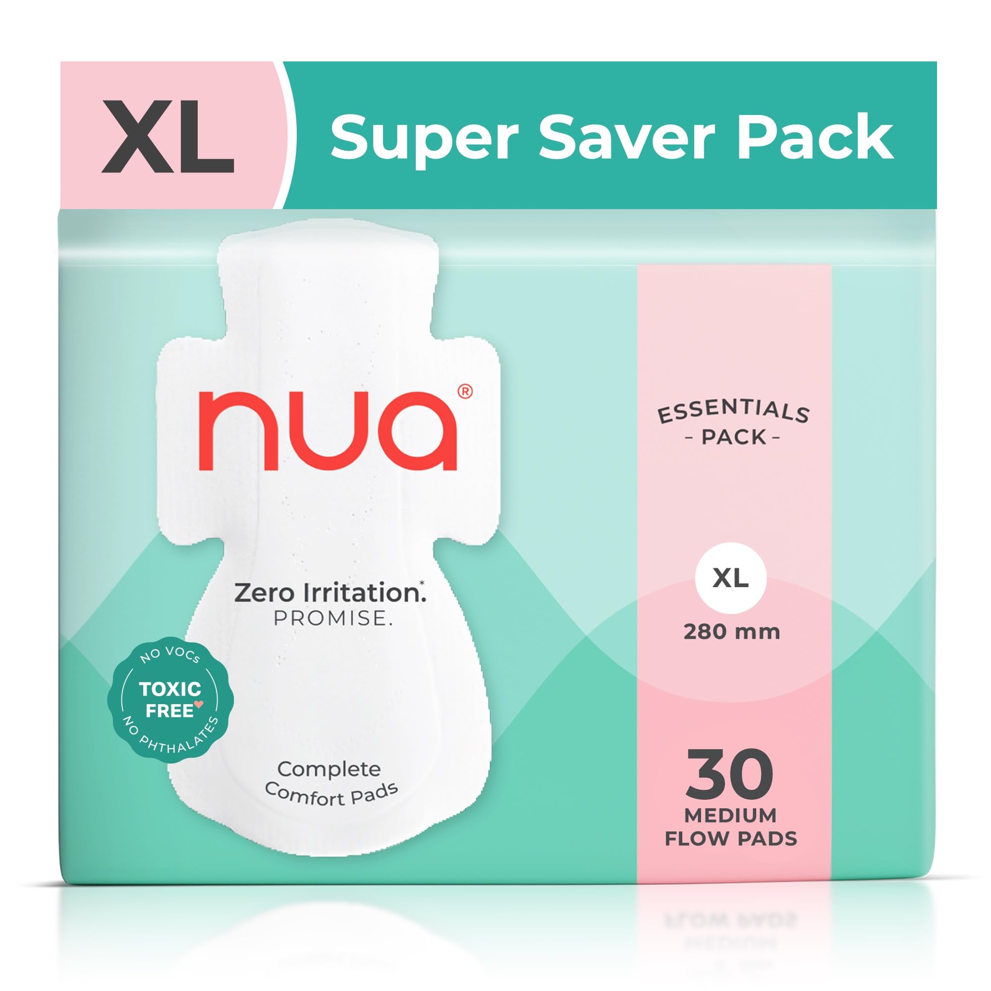 Nua 超安全 サニタリーパッド 女性用 | スーパーセーバー 30枚パック | ミディアムフロー - XL | 漏れ防止 無香料 & 毒素フリー | 敏感肌にやさしい | 通気性&かぶれ防止