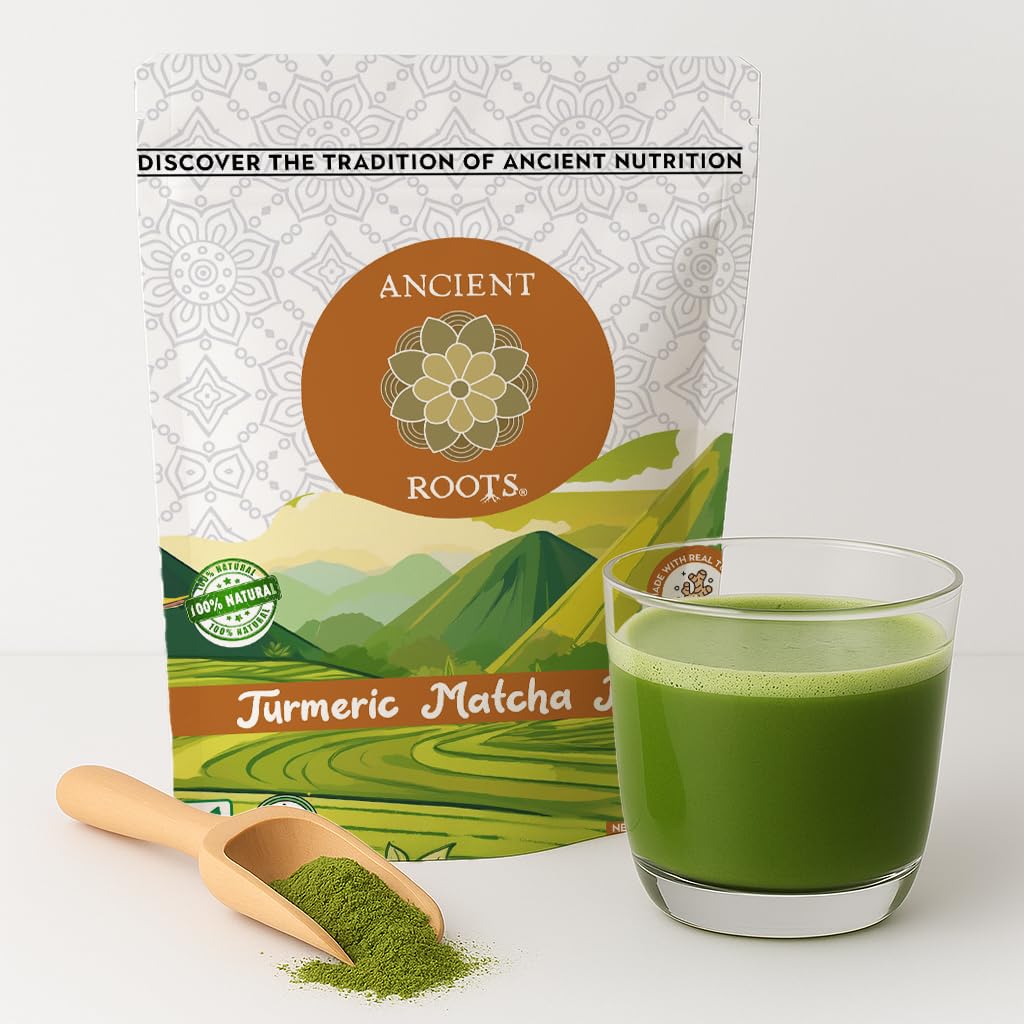 Ancient Roots Turmeric Matcha Mix - With Cinnamon Ginger and Black Pepper - All-Natural Low-Calorie Powdered Tea Mix