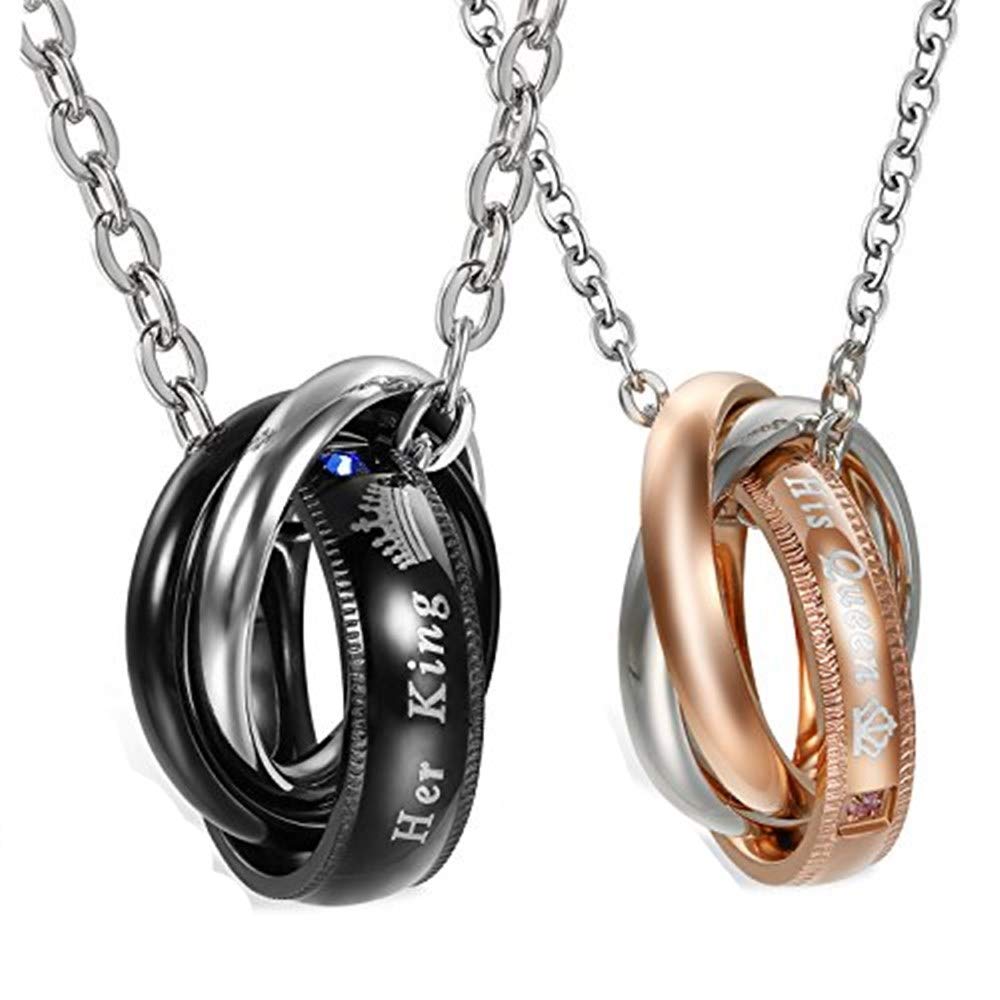 FlongoPar de collar Amante Él & Lei, His Queen y Her King, Acero Inoxidable Anillos enclavamiento Mosaico, Negro Oro Rosa con Circonita, Regalo para San Valentín/Navidad, una pareja