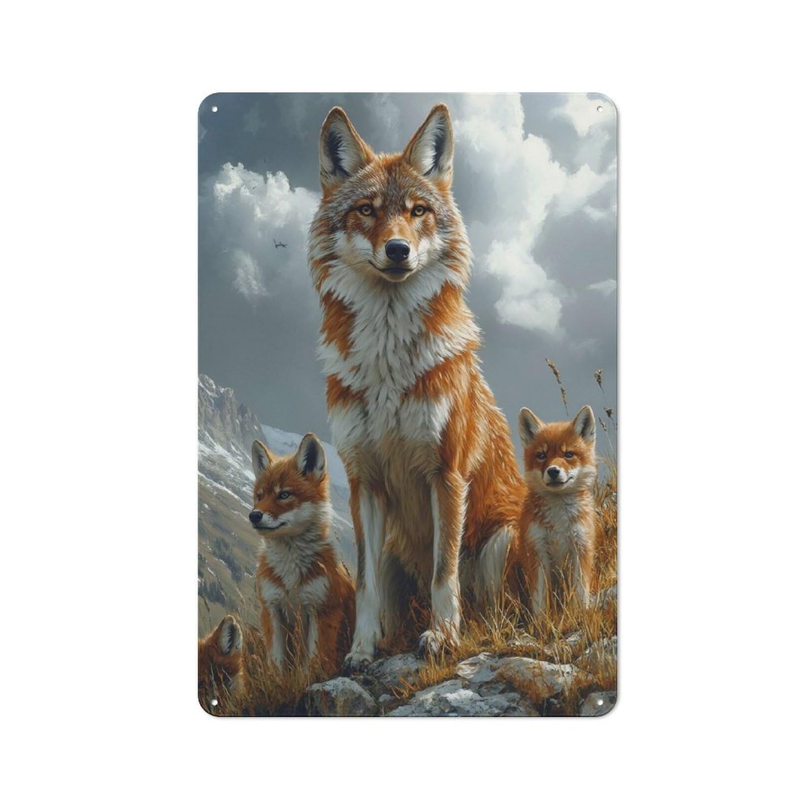 Classic Coyote Family Portrait in Mountain Landscape Metal Wall Sign 30x20cm, Pub Wall Decor for Diner, Restaurant, Shed Or Kitchen