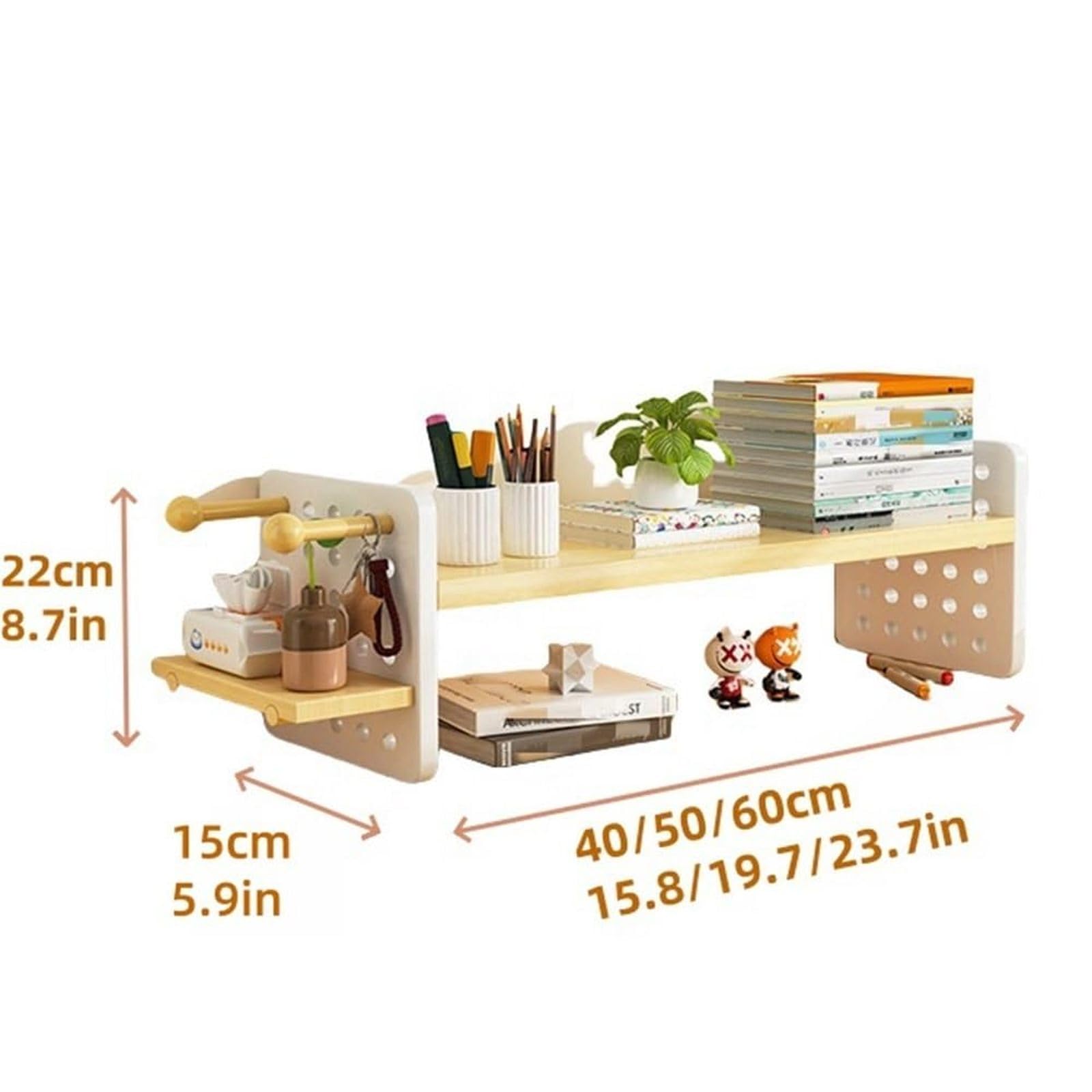 Organizador de escritorio de madera multifuncional con ganchos para tablero de clavijas, estante de exhibición compacto para oficina en casa (60 x 15 x 22 cm), estantería de madera elegante y práctica