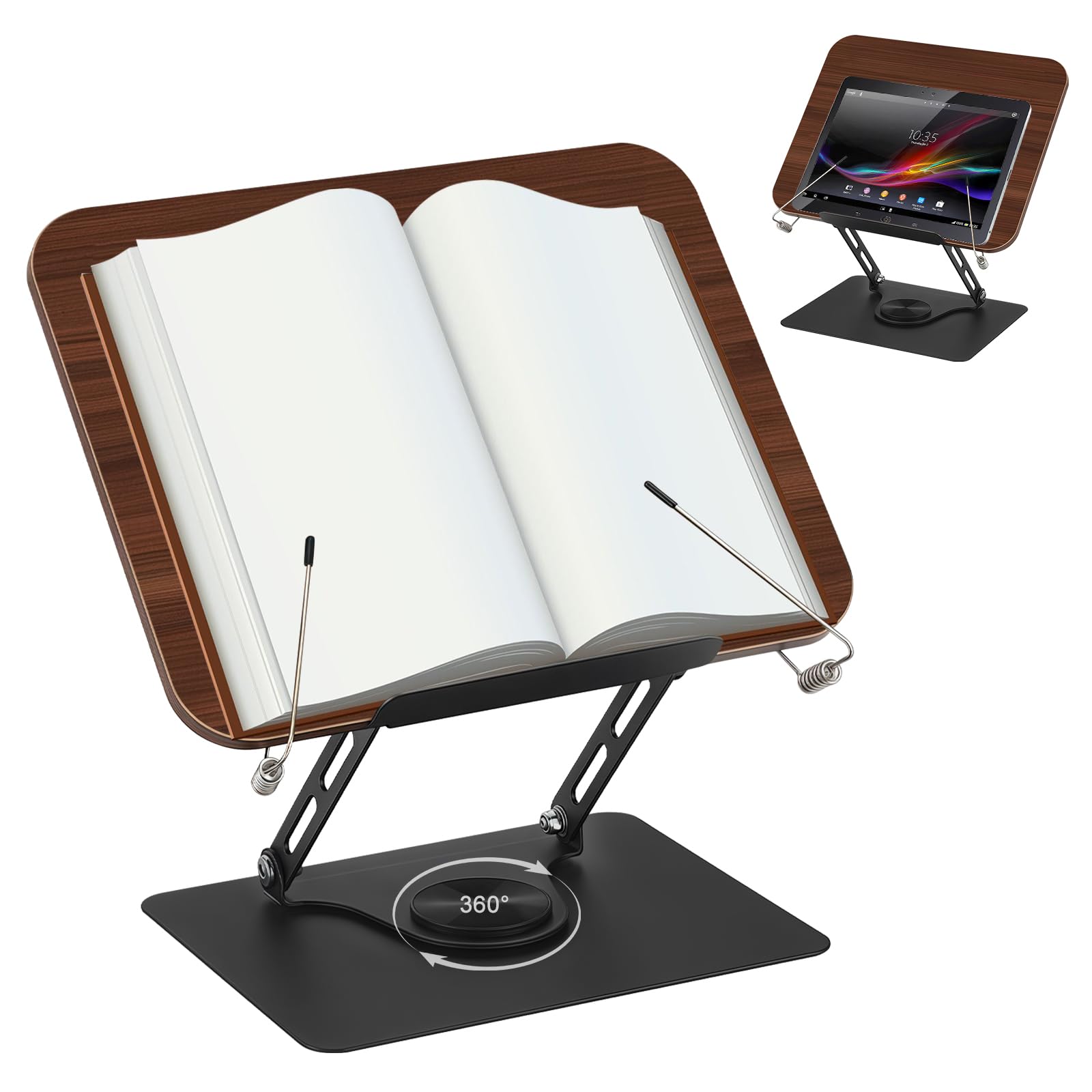 Supporto per libri in legno, regolabile, porta-libri girevole a 360°, supporto da lettura con clip laterale, pieghevole e portatile, elegante supporto per libri in legno per libri di cucina, ricette
