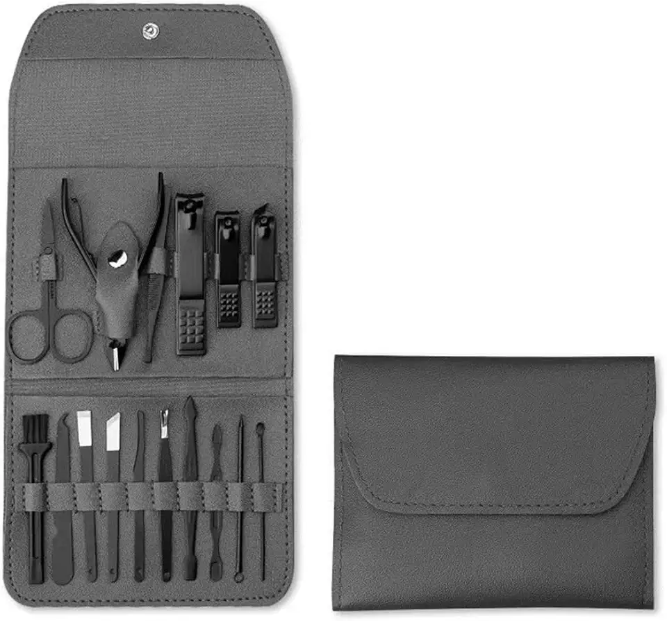 Kit Manicure e Pedicure 16 Peças Aço Inoxidável com Estojo de Couro Sintético para Homens e Mulheres