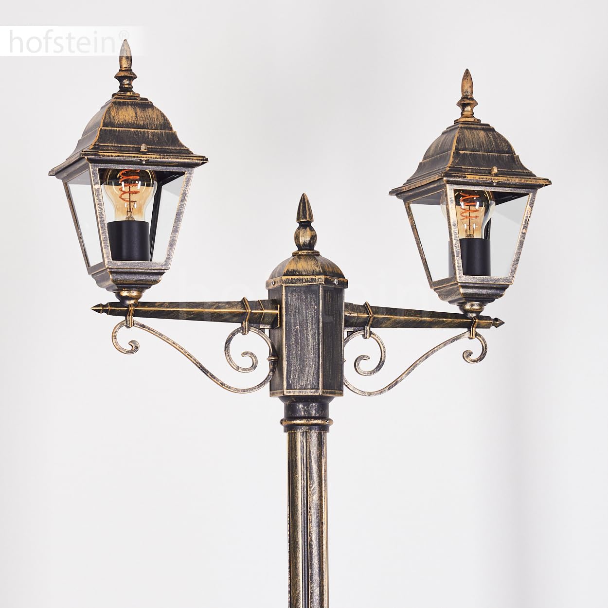 Lampa drogowa zewnętrzna Hong Kong, lampa ścieżki z metalu/szkła w kolorze czarno-złotym, przezroczysta, kandelabr w antycznym stylu, wysokość maks. 220 cm, oświetlenie ogrodowe IP44, 2 x E27, bez