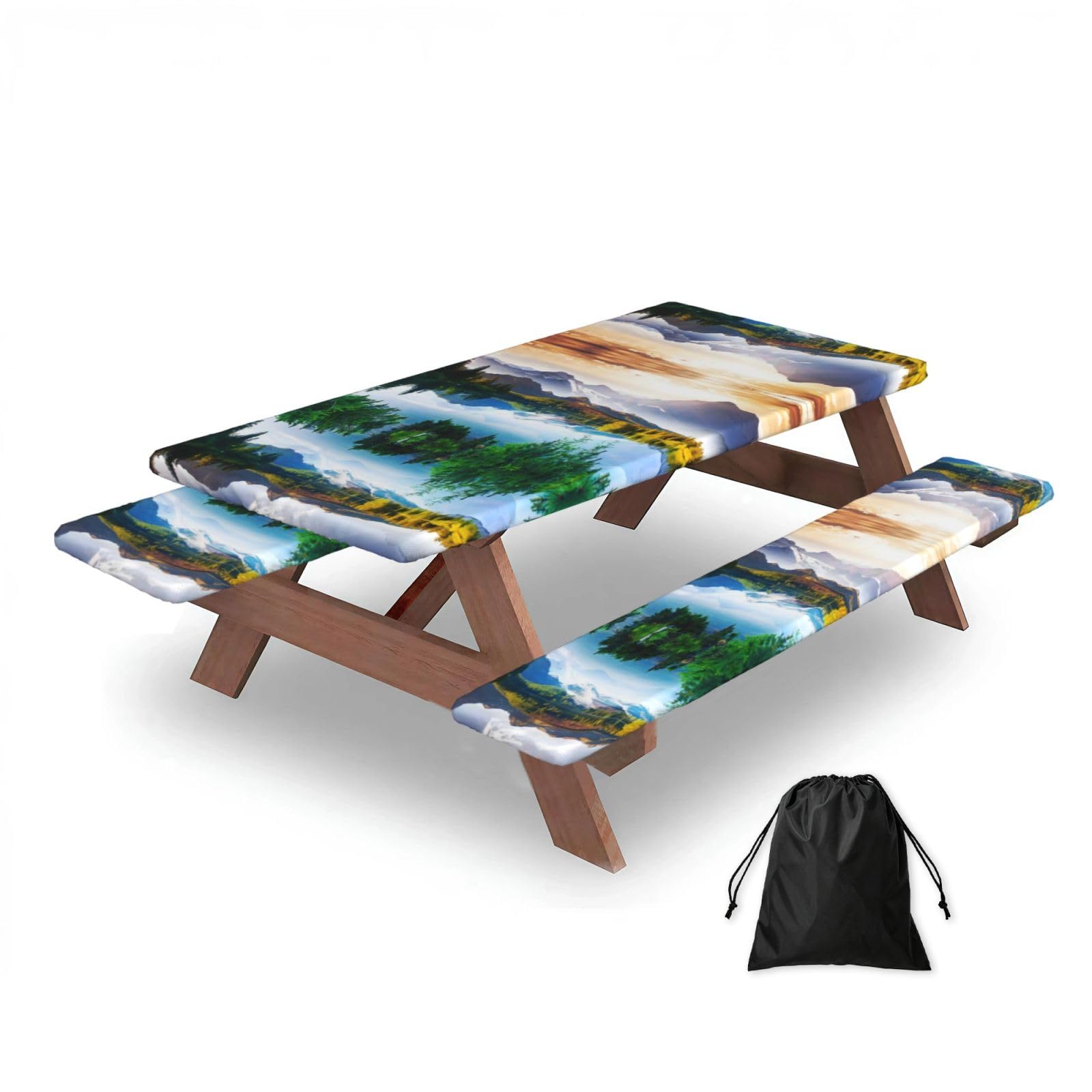 Zqytgfdc Black Mountain Lake View Sunny Day Nature Rectangular Water-Repellent Picnic Tablecloths, Outdoor Camping, Picnic, Bbq