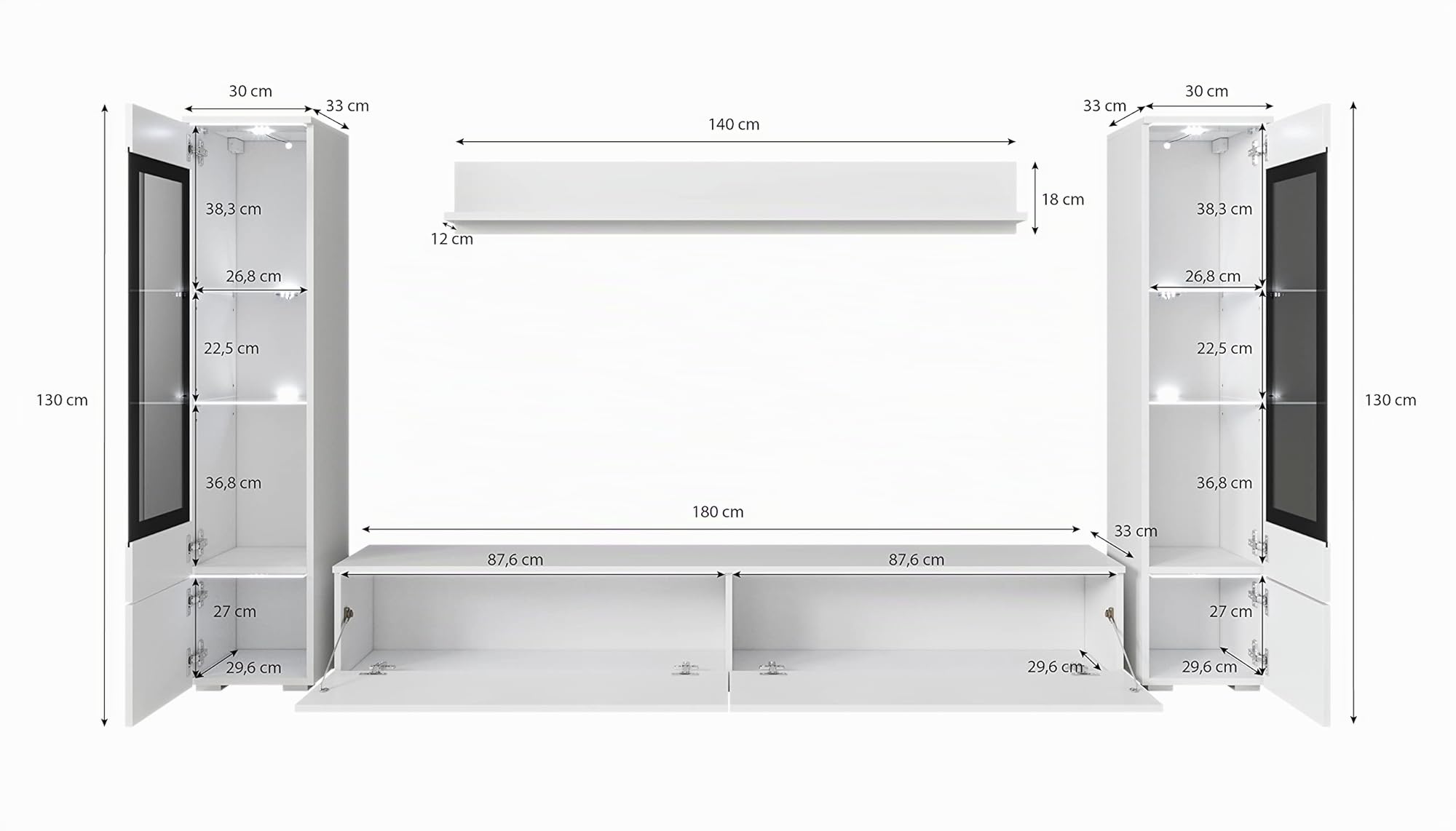 PIASKI Set di mobili da salotto Vera II, illuminazione LED opzionale, set di mobili da salotto, diversi colori (Bianco brillante, con illuminazione LED)