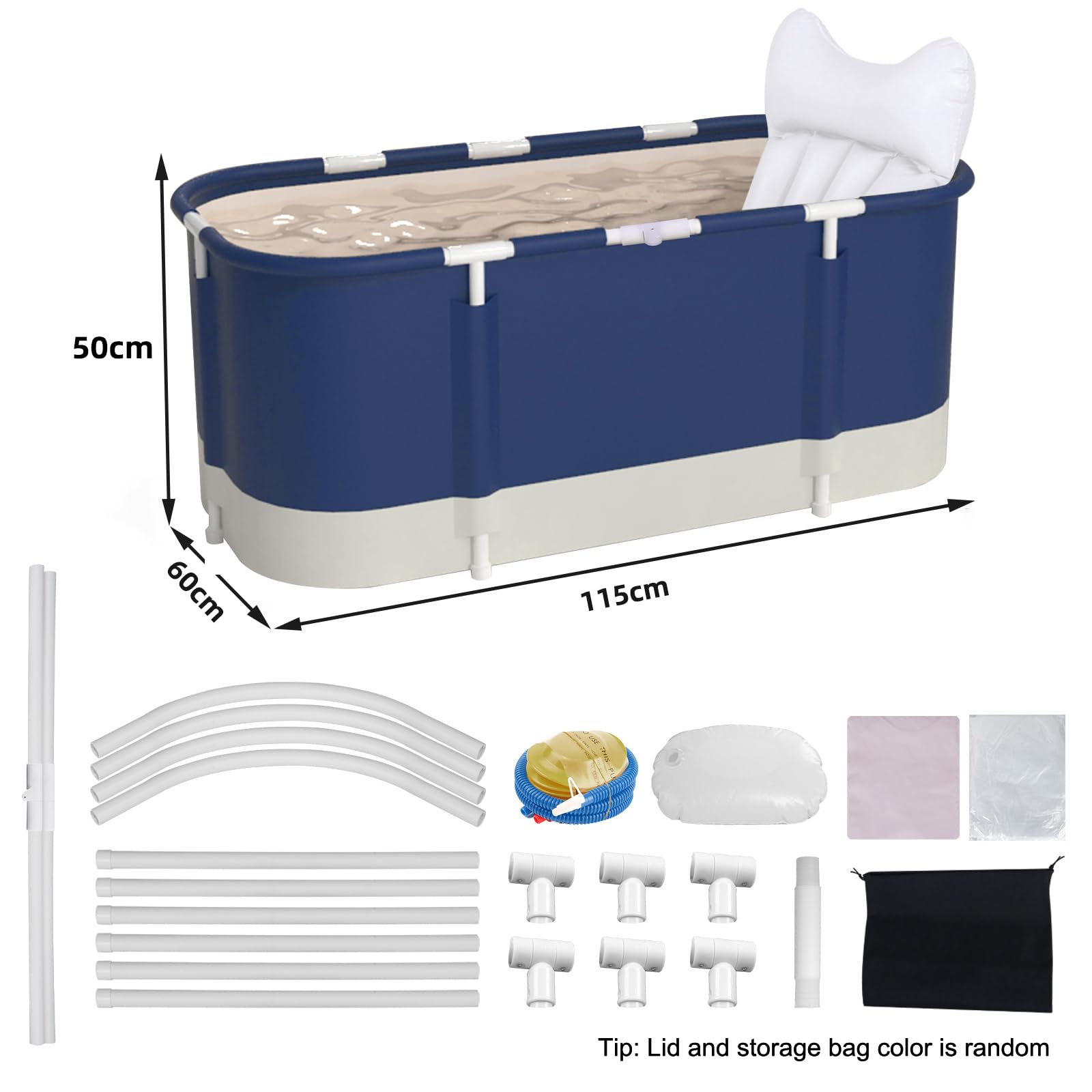Vasca da bagno portatile, vasca da bagno pieghevole da 115cm, vasca da bagno addensata a 7 strati con supporto in metallo, SPA (Blu e bianco)