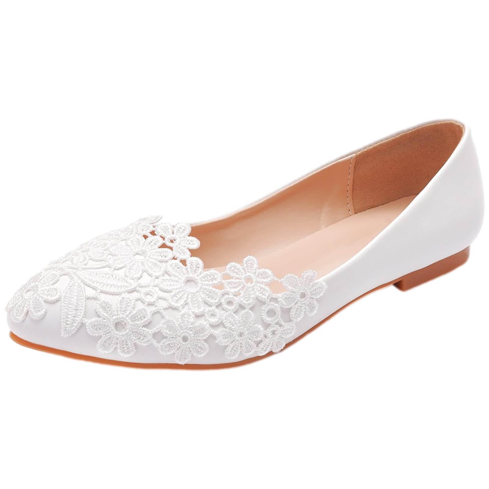 Femme Élégant Bout Pointu Fleur Dentelle Perle Chaussures de Mariée Escarpins Semelle Souple Ballerines