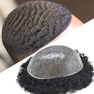 Afro Toupee For Black Men Kinky Curly Brazilian Human Hair Units For Black Men Breathable Afro Toupee Hair System For Black Men All PU Base With Holes African American Men Hair Unit For Thinning hair (8mm Afro Wave, #1B Off Black)