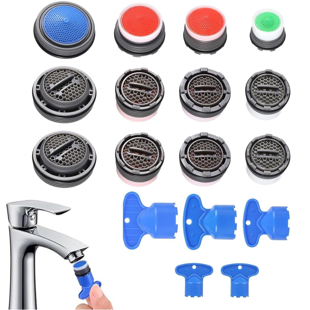 Cache Aerator 12-Piece Faucet Cache Aerator Kit with 4 Sizes & 5 Multi-Size Keys Durable ABS Faucet Filter for Water Efficiency Easy Install for Kitchen & Bathroom Faucets, Compact