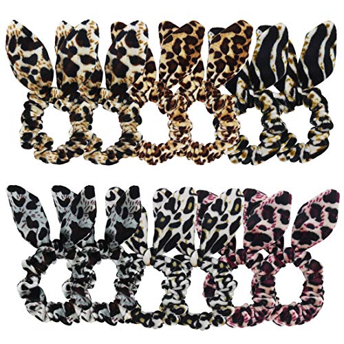 Velvet Hair Scrunchies Elastic Ties - Furling Pompoms Pack of 12 Bunny Ear Knotted Scrunchy Leopard Printed Hair Band Ponytail Accessories for Women 6 Colors