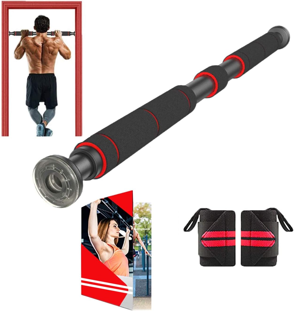 Pull Up Bar for Doorway | Chin-Up Bar with Extended Hand Grips - 2 Professional Quality Wrist Straps, Trainer for Home Gym Exercise,26 to 39 Inches Adjustable Length