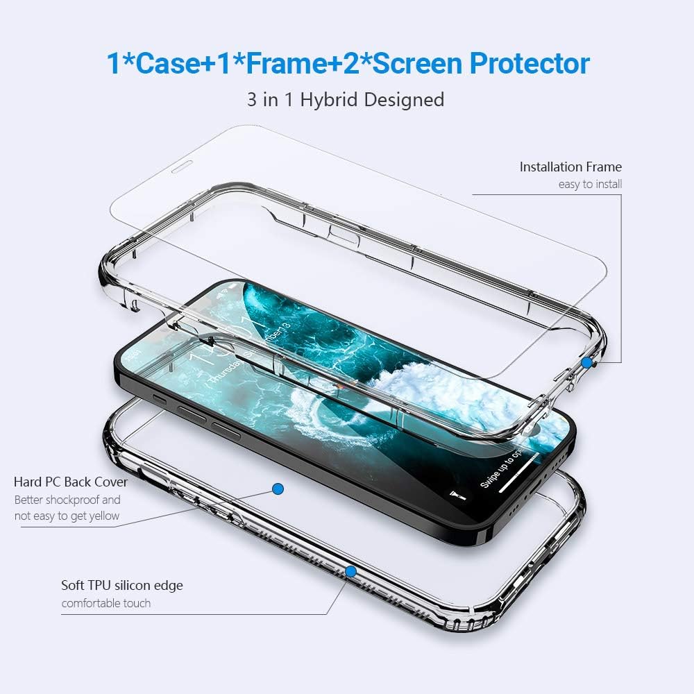 FLOVEME Compatible for iPhone 12 Pro Max Case Clear 5G, with 2 Packs Tempered Glass Compatible for iPhone 12 Pro Max Screen Protector, Shock-Absorbing Anti-Scratch NO Bubble [with Installation Frame]