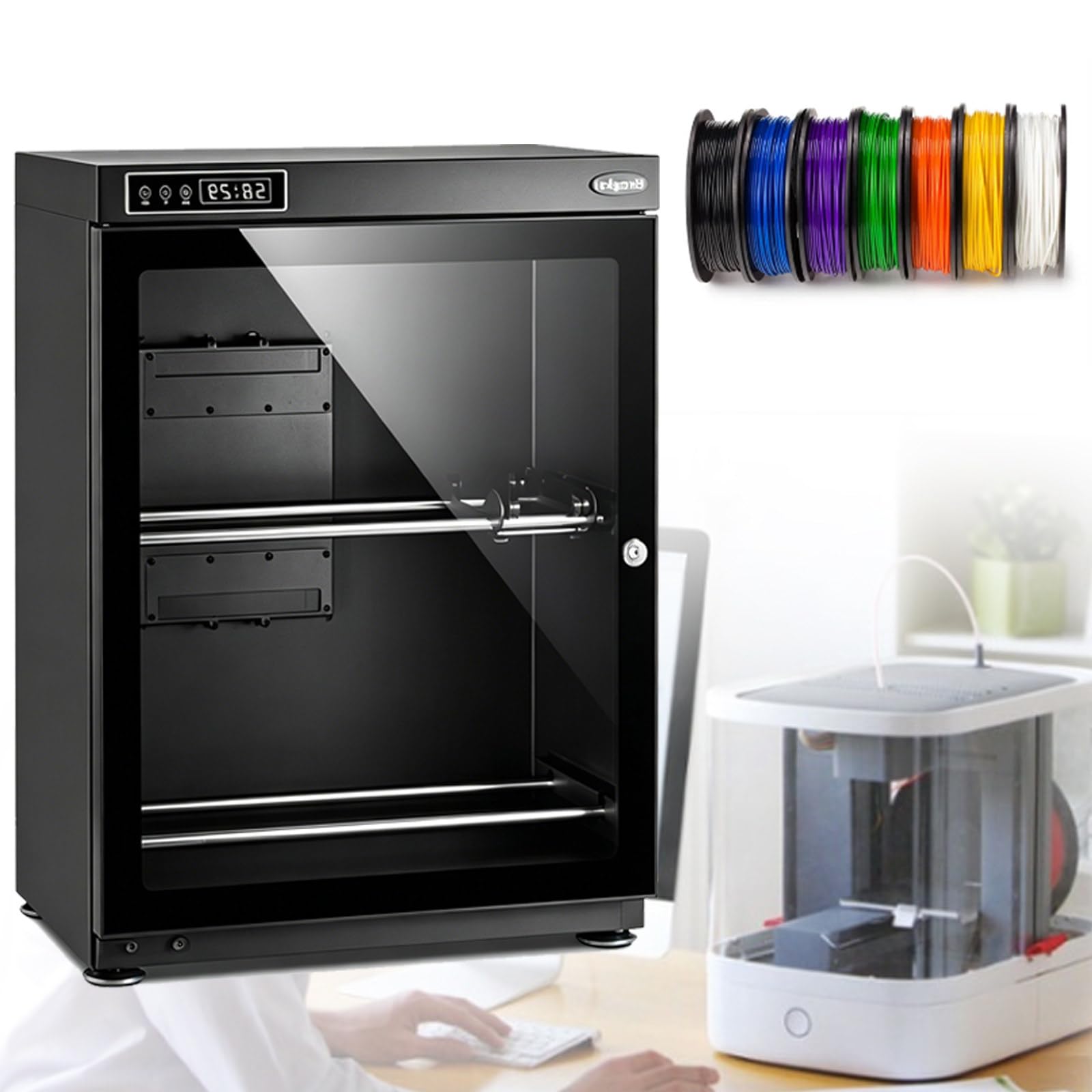 ZyKnaurral 3D Printer Filament Dryer Box, Filament Storage Box w/Humidity Control (RH15% - RH60%), Filament Dehydrator for PLA,ABS,Holds Up to 10-12 Rolls 70L
